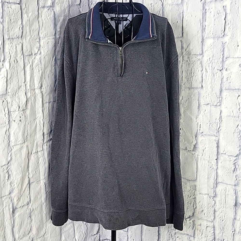 TOMMY HILFIGER Flag Logo 1/4 Zip‎ Gray and Blue Sweater XXL/TG